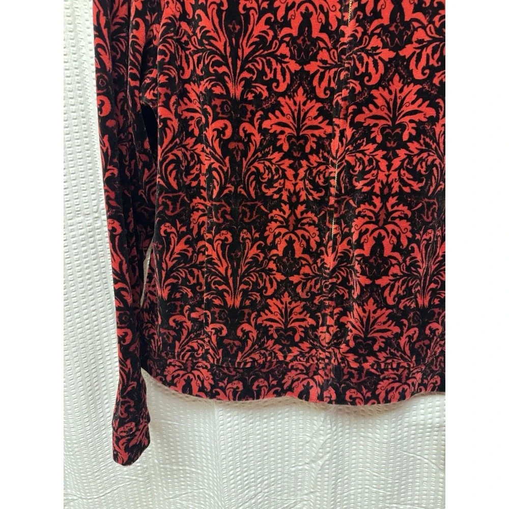 Charter Club Women's‎ SZ P/M Red Black Damask Velvet Zip Up Bomber Jacket Soft
